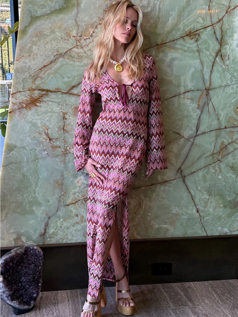 NWT 12th tribe Palermo Pink Crochet Plunge Maxi Dress XS swimcover Missoni style